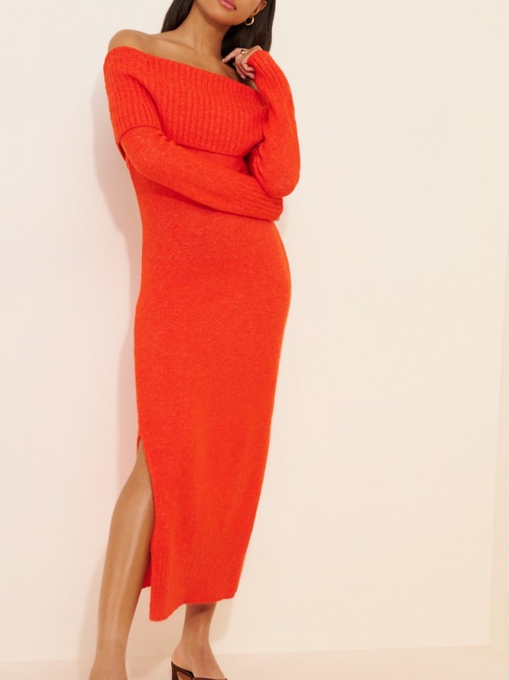 Daily Practice | Off-Shoulder Foldover Midi Sweater Dress